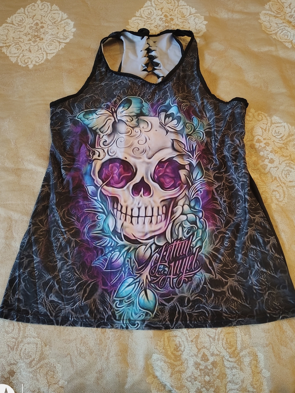 Skull & Roses Graphic Racerback Tank Top - Teal, Purple, Pink